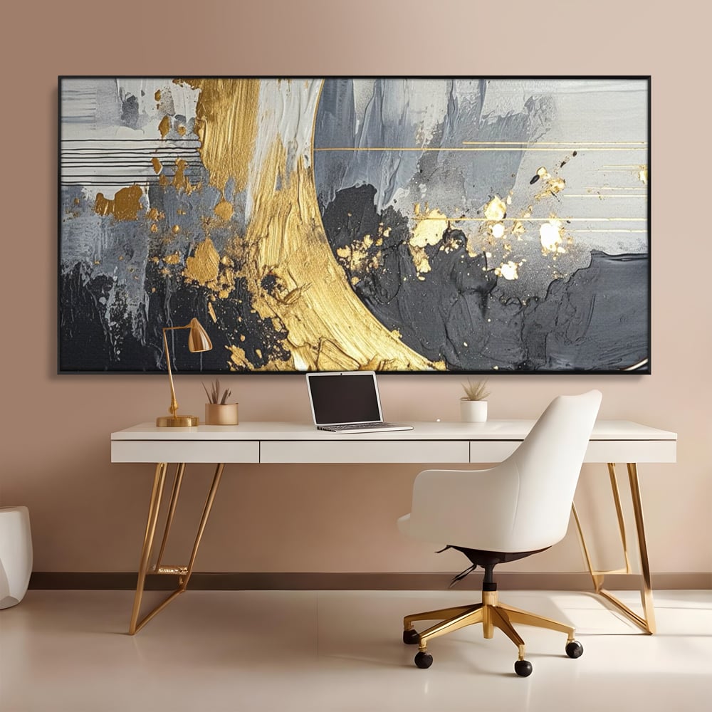 Tablou canvas cu pictura abstracta cu arc aurit si texturi gri, in rama de aluminiu negru, pe perete intr-un birou